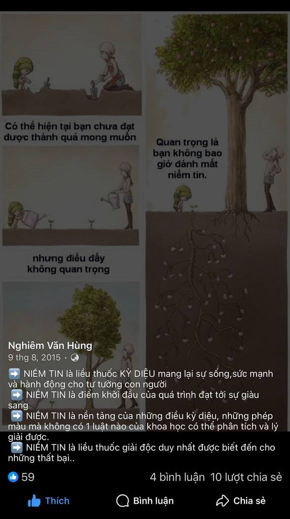 Ảnh chụp màn hình bài Facebook đăng ngày 9 tháng 8 năm 2015: bức tranh cái cây có bộ rễ khổng lồ giấu dưới mặt đất, 59 lượt thích và 10 lượt chia sẻ