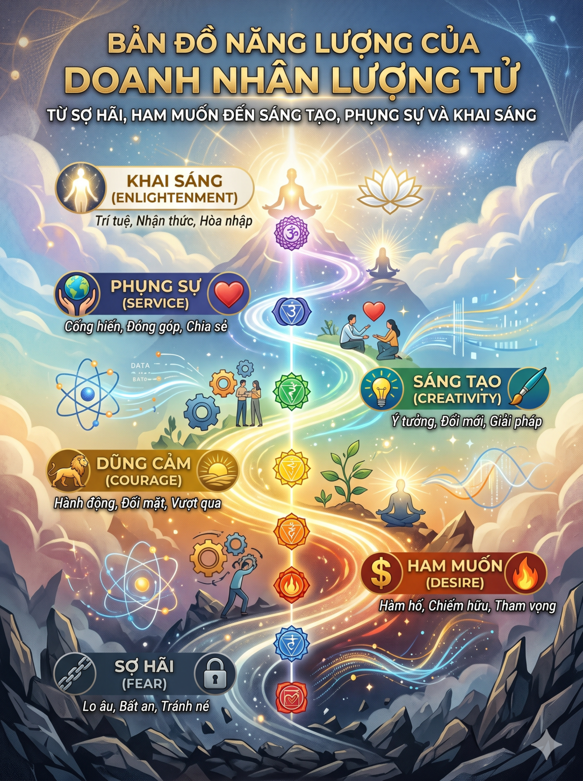 Bìa bài: Bản Đồ Năng Lượng Của Doanh Nhân Lượng Tử: Từ Sợ Hãi, Ham Muốn Đến Sáng Tạo, Phụng Sự Và Khai Sáng
